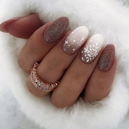 24 Stück Weihnachten Künstliche Nägel Mandel Mittel Falsche Nägel Französische Weiß Schneeflocken Kunstnägel Press on Nails Acryl Full Cover Fingernägel Nägel zum Aufkleben für Frauen und Mädchen