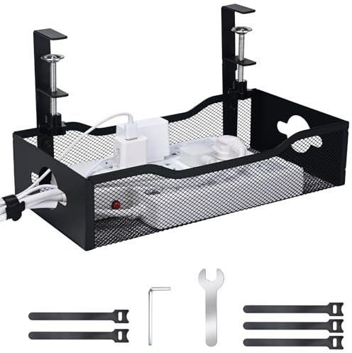 Large Under Desk Cable Management Tray - Heavy Duty Metal Cord Organizer with No Drill Installation for Office & Home Office Desks to Hide Wires & Power Strips (Black, XL)