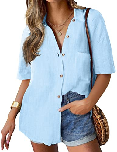 Hotouch Damblus, kortärmad, avslappnad skjorta, 100 % bomull, elegant, långblus, enfärgad, V-ringad, button down, blus, toppar, ljusblå, L, Ljusblå, L