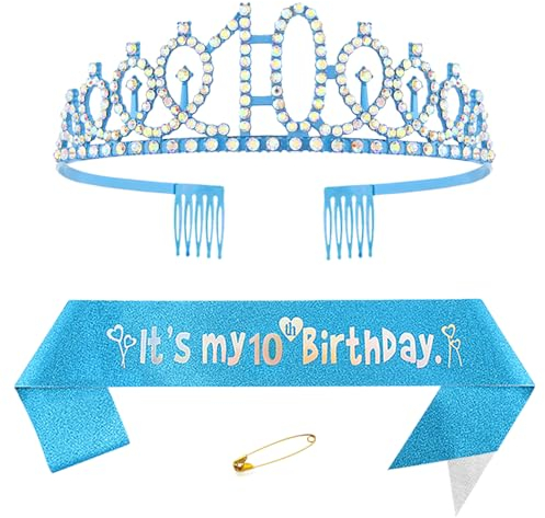 Écharpe bleue pour 10e anniversaire de fille - Couronne de princesse - Diadème en strass - Décorations de fête d'anniversaire pour filles - Fournitures de fête d'anniversaire pour 10 ans