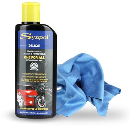 Synpol - Kit Cera Detergente più Panno in Microfibra - per Tutte le Superfici - Auto, Moto, Parabrezza, Plastica - Lucida e Deterge Perfettamente - Non Lascia Aloni