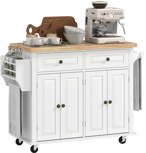 HOMCOM Isla de Cocina con Ruedas Carro de Cocina con 2 Cajones 4 Puertas Especiero Encimera de Madera Estante Ajustable y Barra Lateral para Comedor 111x44,5x82,5 cm Blanco
