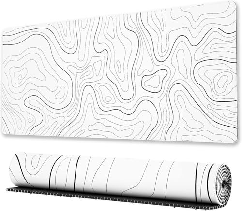 ZhiQuanFeng Large Gaming Mouse Pad with Stitched Edges, Minimalist Topographic Map Desk Mat, Extended XL Mousepad with Anti-Slip Base, Cool Desk Pad for Keyboard and Mouse, 31.5 x 11.8 in, (White)