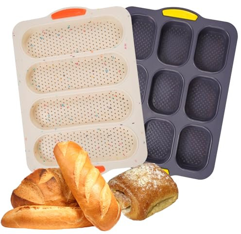 Holzsammlung Silicona Molde Pan Francés, Baguette Hornear Bandeja, Mini Baguette Hornear Bandeja con 9 Rejillas, Bandeja para Baguettes con 4 Rejillas, Molde Flexible para Pan Herramienta de Cocina
