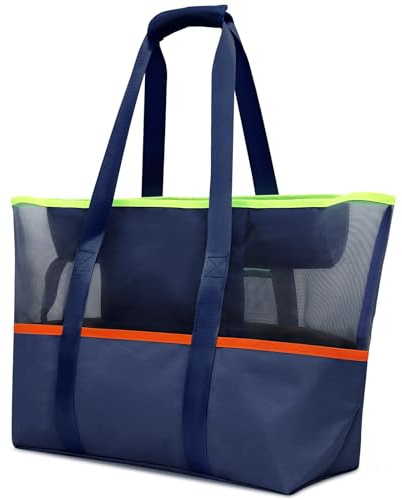 INYEEXUP Strandtasche XXL Familie 50x35x20cm, Mesh & Canvas Strandtasche mit Reißverschluss und 6 Taschen, Große Damen Shopper für Strand Reisen Einkaufen Alltag