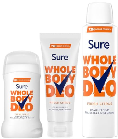 Sure Whole Body Fresh Citrus Bundle of Whole Body Deodorant for Women with Body Spray 150 ml, Deo Cream 75 ml and Stick 50 ml with Fresh and Floral Fragrance