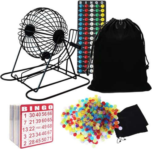 Yuanhe Complete Bingo Game Set - Includes 8 Metal Round Cage with Big Storage Bag,100 Bingo Cards,1000 Colorful Chips,75 Colored Balls and Masterboard, Ideal for Large Groups