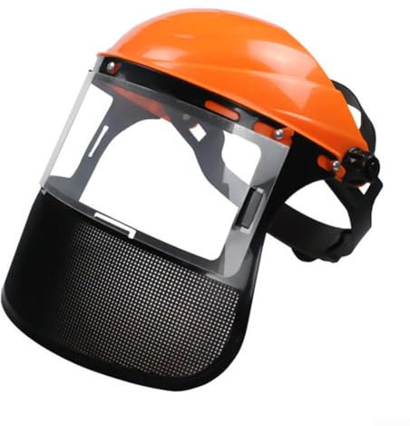 Casque de débroussailleuse avec protection en maille orange pour une utilisation sûre des tronçonneuses et taille-haies