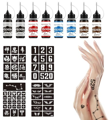 Henna Tattoo Set Premium Edition Mit 8 Farbflaschen &4 Schablonen - Ideal Für DIY Körperkunst, Festival & Party