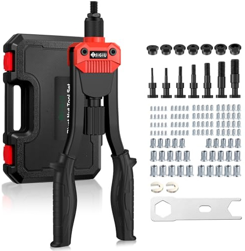 JiGiU 13'' Remachadora de Tuercas con 110 Tuercas M3 M4 M5 M6 M8 M10 M12 Juego de Alicates para Remachar 7 Mandriles Intercambiables para Automoción, Componentes Metálicos, Construcción
