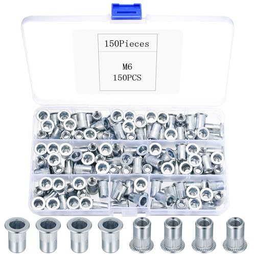 150 Pcs Tuercas Remachables, Remaches Roscados, M6 Tuercas Inserciones Remachables de Cabeza Plana, Manguitos Insertos Roscados de Zinc Blanco para Madera Muebles Metal