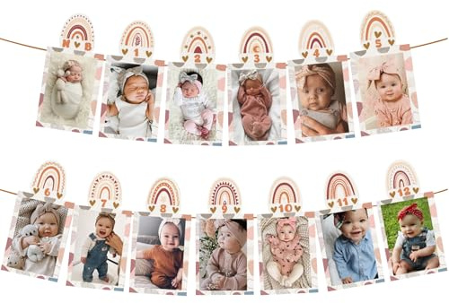 Photo Bannière Guirlande 1 An, Bohemian Photo Bunting Birthday Garland Avec 13 Milestone Cards Deco Anniversaire 1 An pour Garçon ou Fille (Pour 6 Photos)