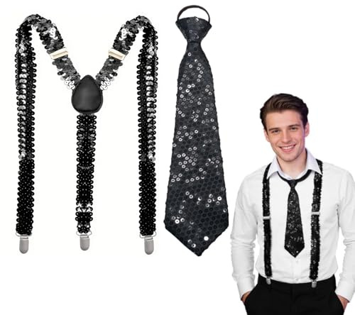 MINGBOLIN Pailletten Hosenträger,Krawatten für Herren Pailletten Krawatte Glitzer Outfit Herren Einstellbar Glitzer Krawatte für Damen,für Disco Karneval,Mottoparty,Neujahr