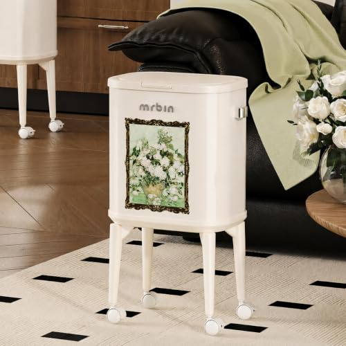 MRBIN 15L Art Decor Trash Can with Wheels, Press-to-Open Lid, Tall Standing Garbage Bin with Lockable Casters, Metal Waste Basket for Kitchen, Living Room, Bedroom, Cream White