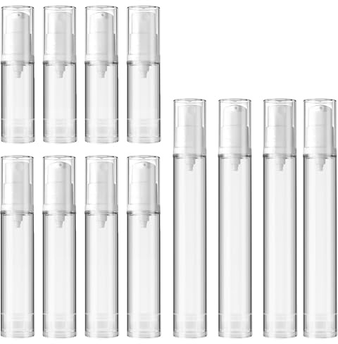 Cheynn 12 dispensadores vacíos sin aire, atomizador sin aire, 5 ml, 10 ml, 15 ml, botella pequeña con bomba de viaje, dispensador de crema, rellenable, envases para loción, champú, perfume, gel