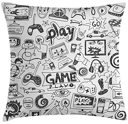 ABAKUHAUS Videojuegos Funda para Almohadón, Boceto Estilo de Juego, Decorativo, Estampado en Ambos Lados, 45 x 45 cm, Gris Blanco