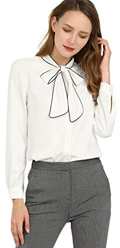 Allegra K Elegante Camisa de Cuello de Lazo de Trabajo de Manga Larga con puños y Lazo de coño Elegante para Mujer Blanco XL