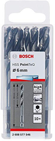 Bosch Accessories PointTeQ 10 punte esagonali per metallo, Ø 6 mm, lunghezza 57 mm, lunghezza totale 98 mm, attacco esagonale, accessori per avvitatore a percussione e trapano