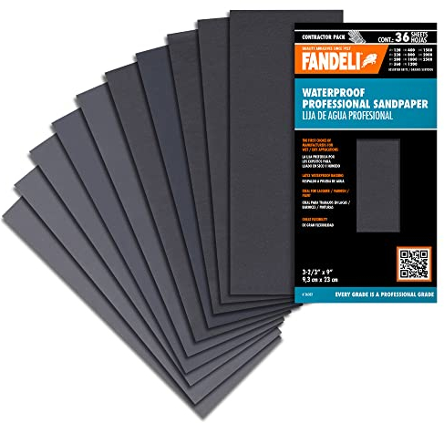 Fandeli | Waterproof Sandpaper | Assortment of Grits from 120 to 2500 | 36 Sheets 23 x 9,3 cm | For Car Polishing, Wood Furniture Sanding and Metal Sanding | Water Resistant