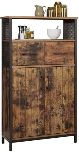 VASAGLE Storage Cabinet, Multipurpose Sideboard with Drawer and Adjustable Shelf, Bathroom Cabinet, Steel Frame, for Living Room Kitchen, Industrial Style, Rustic Brown and Black LSC261B01