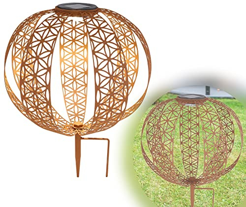 Solarleuchte für Außen Garten Kugel Rost Optik - Solarlampe Balkon Erdspieß - Gartenlampe Durchmesser 30 cm - Außenleuchte LED Stehend - Gartendeko Solar Wetterfest - inkl Pflegetuch