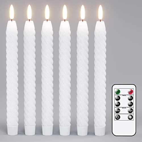 Eldnacele LED Stabkerzen Weiß mit Timerfunktion im Spiraldesign, 6er Set | LED Kerzen mit Fernbedienung, elektrische Stabkerzen, Spiralkerzen aus Echtwachs, LED Kerzen flackernde Flamme, Ø 2 x 25 cm