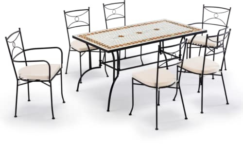 Gruppo Maruccia - Set Tavolo e Sedie da Giardino con Mosaico in Ceramica - 1 Tavolo Rettangolare - 2 Poltrone e 4 Sedie con Cuscini