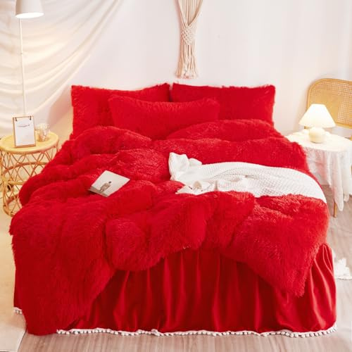 HAIHUA Plush Red Comforter Cover Queen Set, Soft Shaggy Faux Fur Red Bedding Queen Set 3 Pieces (1 Fluffy Duvet Cover + 2 Fuzzy Pillow Cases) Furry Bed Set, Zipper Closure