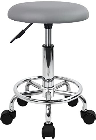 KKTONER Taburete con Ruedas y reposapiés de Piel sintética Taburete de Trabajo Redondo Giratorio 360° Taburete de Oficina con Altura Ajustable 49-64cm Gris