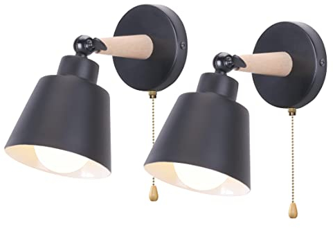 iDEGU 2er Set Wandleuchten Innen Retro Wandlampe aus Holz und Metall mit Schalter Verstellbar Wandspot LED E27 Moderne Wandleuchte für Schlafzimmer Flur Eingang Wohnzimmer (Schwarz)