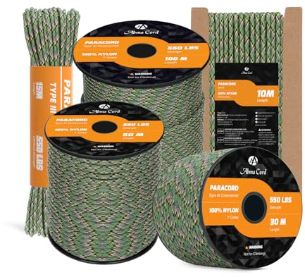 Abma Cord 550 Paracord 4mm (10m/15m/30m/50m/100m) 7 Kärntrådar Nylonrep Typ III för DIY, Camping, Överlevnad, Utomhus - Max. 250kg (550lbs) - Jägerkamouflage