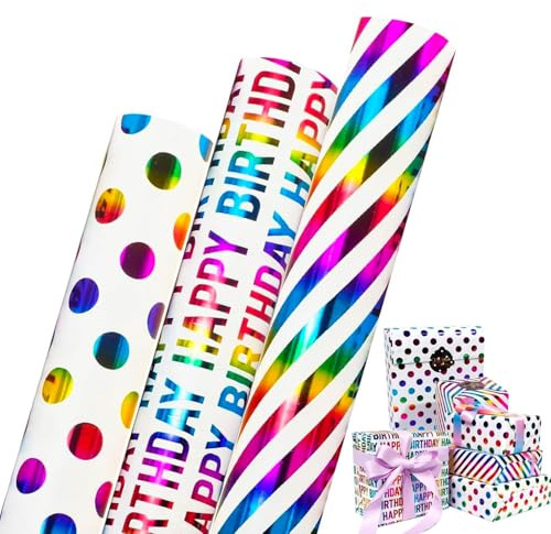 Pack of 3 Roll Gift Wrapping Paper, 43cm * 3m Birthday Wrapping Paper, Recyclable Gift Wrap, Christmas Birthday Gift Wrapping Pape with Gradient Multi-color Perfect for Boy Men Girl Women