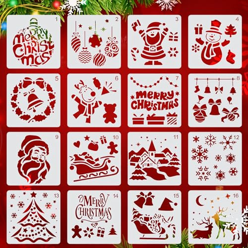 16 Stück Schablonen Weihnachten, Schablonen Kinder, Schablonen Vintage, Malschablonen Kinder, Schneespray Fenster Schablone, Weihnachtsschablonen, Kunststoff Schneespray Schablone (15 X 15cm)