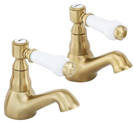 HEXMIXER - Juego de grifos de lavabo de oro cepillado, estilo victoriano, 1/4 de vuelta, de latón tradicional G1/2, tamaño estándar de instalación del Reino Unido 154GO