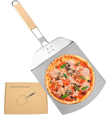 Mecmbj Pizza Peel, Pizza Shovel, Pizza Peel Stainless Steel with Foldable Wooden Handle, Premium Pizza Stone Rectangular, Pizza and Cake Server, Pizza Peel for Grill or Oven (12 Inches)