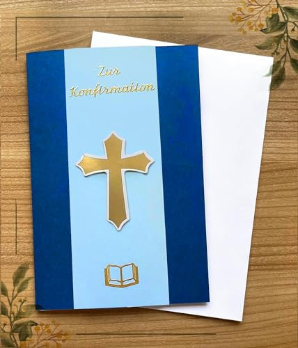 Karte zur Konfirmation, gold, blau,Kreuz silber Konfirmationskarte