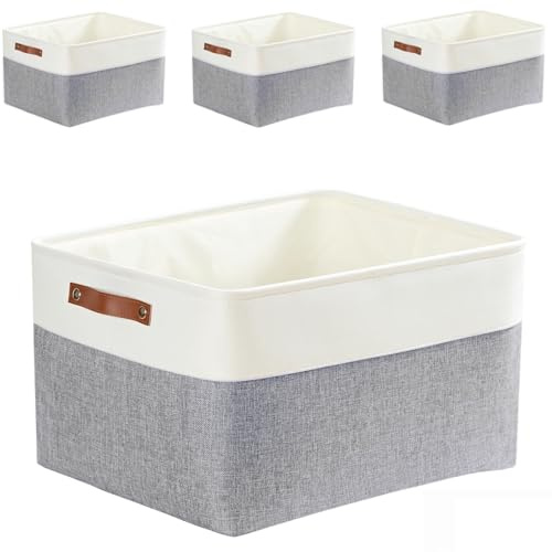 Mangata Juego de 4 cajas de almacenamiento grandes, cestas de almacenamiento de tela gruesa para dormitorio, armario, estante (L, gris/blanco)