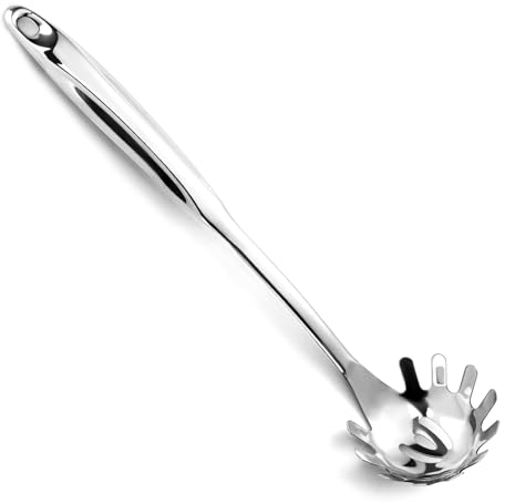 Pleafind Spaghettilöffel, Einteiliger Edelstahl Nudellöffel, 13-Zoll Comfort Grip Design Nudelkellel, Nudelsieb mit Zähnen, Silber Pasta Server Utensil