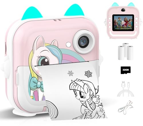 Kinderkamera Sofortbildkamera, 2,4 Display Digitalkamera & VideoKamera für Kinder mit 3 Rollen Thermopapier & 32G Karte, Weihnachten Spielzeug, Geschenke für Jungen und Mädchen 6+ Jahre