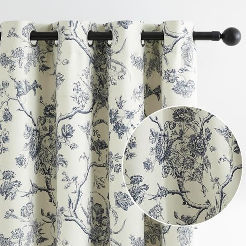Melodieux Vintage Floral Blackout Curtains 84 Inches Long for Living Room, Bedroom French Country Farmhouse Drapes Cotton Thermal Insulated Grommet Toile Curtains, 52 by 84 in, Navy Blue, 2 Panels