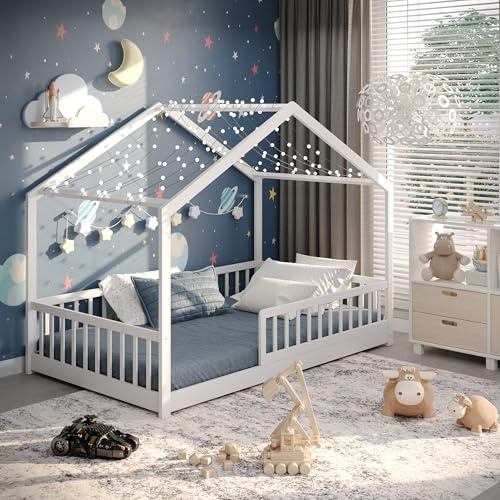 CADANI Malta barnsäng 120 x 200 cm – cabana med avtagbar barriär, upp till 200 kg, ribbotten ingår, Montessori golvsäng i massivt furu, vit