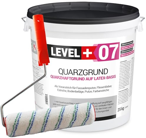 Level+ 07 Quarzgrund 25 kg Putzgrund Haftbrücke Grundierung für Beton Putz Primer weiß + Farbroller 25cm mit Bügel Set