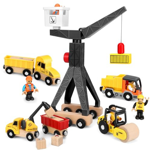 Taloit Kran Baustellenfahrzeuge Bagger für Kinder ab 2 Jahre - Holz Baustelle Spielzeug Set mit Baukran, Turmkran, Kranwagen, Muldenkipper, Straßenwalze - Geschenk für Jungen 2-5 Jahre