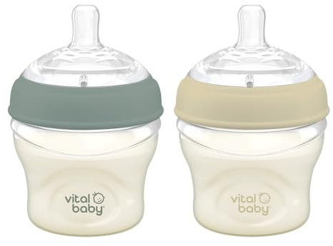 Vital Baby Breast-Like Baby Feeding Bottles 0m+, 150ml, Self-Sterilising in 3 Mins, Triple Anti-Colic Valves, Slow Flow Teats, EarthSmart Biodegradable, BPA-Free, 2 Pack