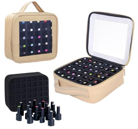 YAHOURWAT Förvaringslåda för nagellack rymmer 42 flaskor (15 ml/0,51 flytande) PU-läder bärbar sminkväska med avtagbar skiljevägg, Brun