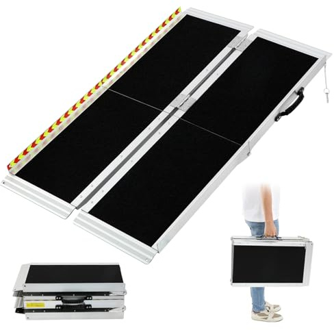 Wheelchair Ramp,1.525m Folding Portable Aluminum Ramp, 362kg Capacity,with Transition Plate and Reflective Warning Stickers, for Wheelchair Scooters Power Chairs Walkers Metallic