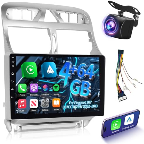 [4+64G] Radio para Coche Android para Peugeot 307 307CC 307SW 2002-2013 con Carplay y Android Auto - Radio con Pantalla Táctil IPS de 9’’ y 1280 * 720P con DSP, EQ, SWC, GPS + Cámara de Marcha Atrás