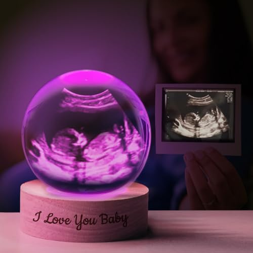 Personalisierte Ultraschall Foto Kristallkugel mit LED Leuchtsockel | Benutzerdefinierte Kristallkugel aus Kristall, Anpassbare Foto & Text Dekorative Kugel, Keepsake Geschenk für Werdende Eltern