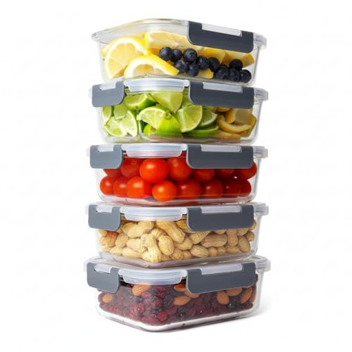 Rajani 5pcs Varchi Glass Food Storage Containers 18x13x6 cm 1040ml Airtight Leak-Proof Steam Vent BPA-Free