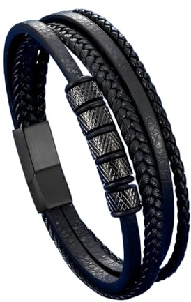 KOSLEOW Bracelet Homme Cuir Tressé à avec avec Manchette 4 Etages Couche, Fermoir Magnétique, Longueur 21,5 cm, Idée Cadeau Pour Papa Fils Petit Ami, Cadeaux Fête des Pères